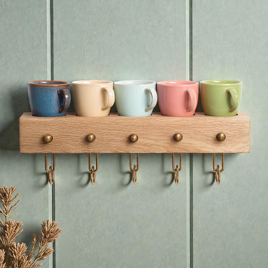 Montivio Wall Mounted Mug Rack - Oak & Brass